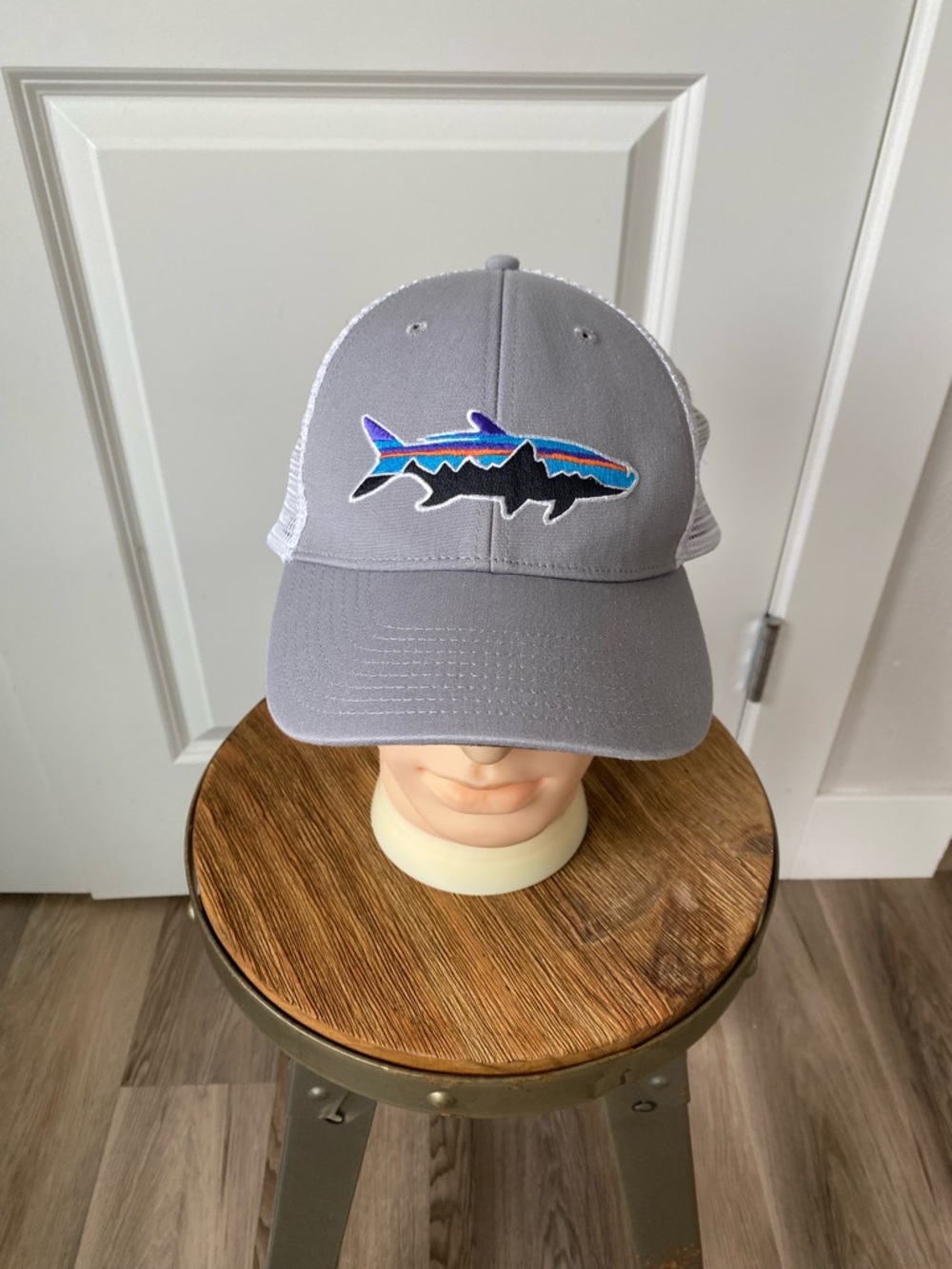 Patagonia Gray and White Trucker Hat with Multicolor Shark Patch